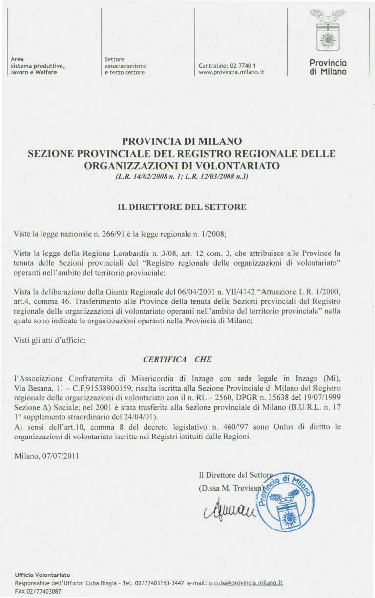 2011 certificazione iscrizione registro regionale ONLUS